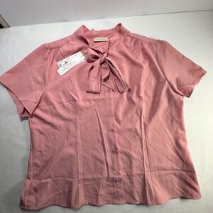 Belle Poque Womens Pink Tie Neck Button Down Blouse Short Sleeve 3XL NWT